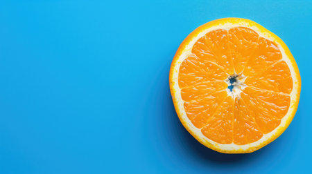 A vibrant orange half on a bold blue background, representing freshnessの素材