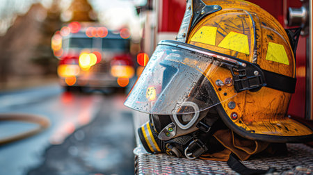 Close-up of a well-worn firefighter's helmet with a fire truck in the backgroundの素材