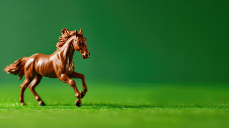 A dynamic plastic toy horse mid-gallop against a vivid green background, simulating motionの素材