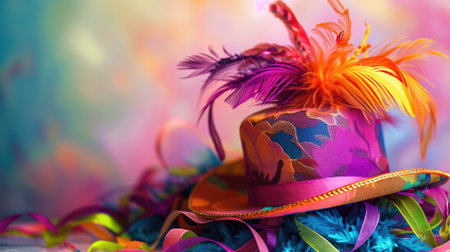 Vibrant carnival hat among colorful feathers and ribbonsの素材