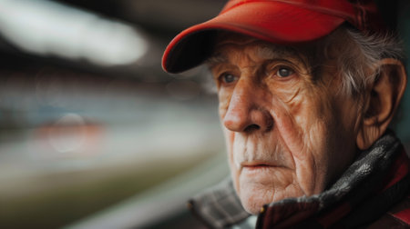A pensive elderly man in a red cap gazes into the distance, his face telling a story of experience and contemplationの素材