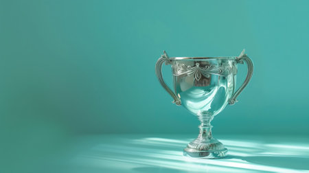 An elegant silver trophy stands out against a teal background, symbolizing achievement and victoryの素材