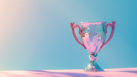 A pastel-colored trophy stands against a serene pink and blue gradientの素材