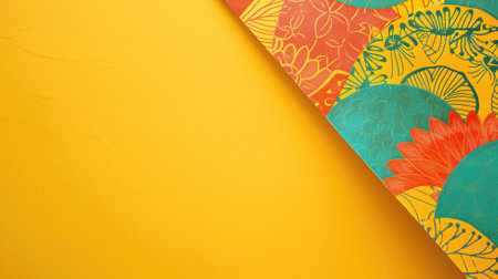 A lively and colorful tropical pattern sweeps across a yellow background, evoking a festive, summer vibeの素材