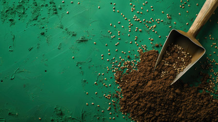 A metal shovel with soil and scattered seeds on a textured green surface, suggesting gardeningの素材