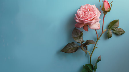 Single pink rose against a pastel blue backgroundの素材