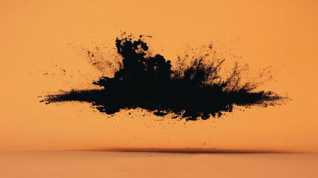 A powerful and intense explosion of black powder against an orange backdropの素材