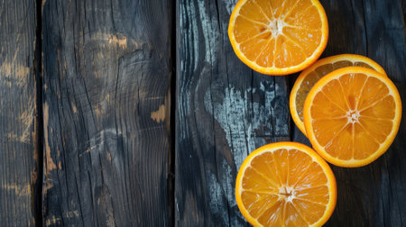 Ripe, juicy oranges cut in halves, arranged on a rustic wooden surface, exuding freshness and vibrancyの素材