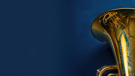 A majestic brass tuba radiates against a deep blue backdrop, highlighting its elegant curvesの素材