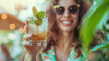 A smiling woman enjoying a refreshing summer cocktail outdoorsの素材