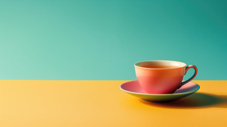 Colorful cup and saucer with hot tea on a duo-tone color block backgroundの素材