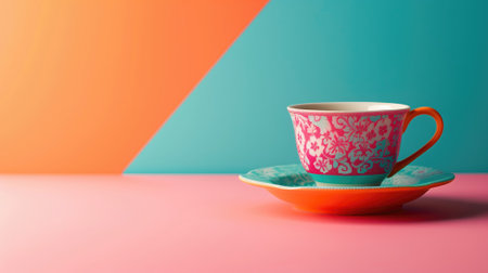 A patterned teacup on a contrasting pink and turquoise backdropの素材
