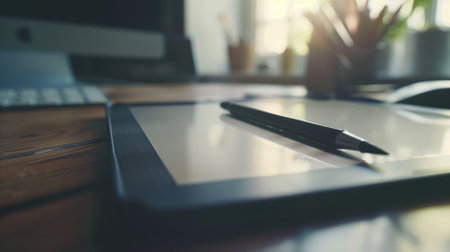 Digital artist's workspace with drawing tablet and stylusの素材
