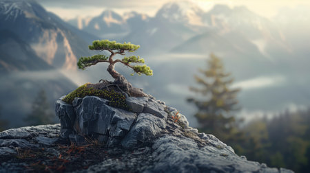 A bonsai tree on a cliff overlooking misty mountainsの素材