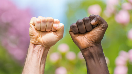 Two fists bumping against a floral backdropの素材