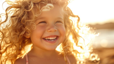 Joyful toddler with curly hair in sunlightの素材