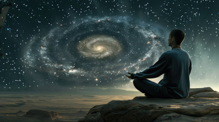 A serene man meditates on a rock, contemplating a swirling galaxy in a star-filled sky above a vast desertの素材