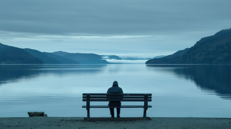 A solitary figure sits on a bench by a calm, misty lakeの素材