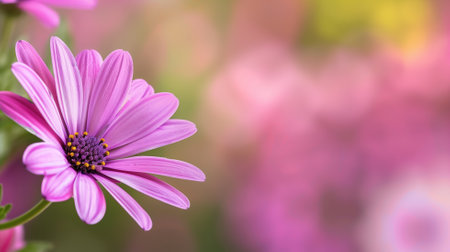A single purple daisy flower stands vibrant against a softly blurred pink and yellow backgroundの素材
