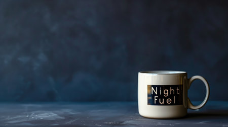 Simple white mug with "Night Fuel" label on a moody dark blue backgroundの素材