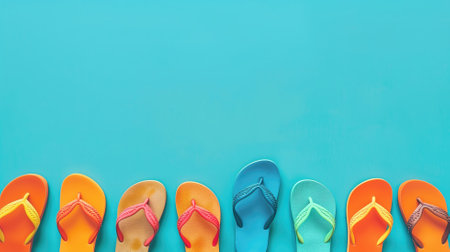 Row of colorful flip-flops on turquoise backgroundの素材