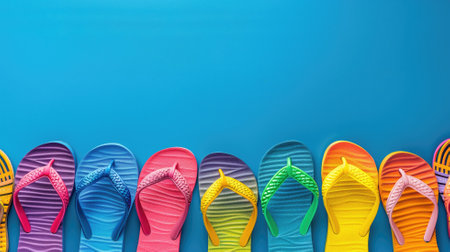 A row of colorful flip-flops arranged against a bright blue background, signaling fun and summer vibesの素材