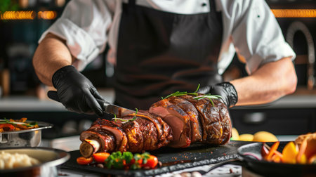 A chef in a professional kitchen expertly garnishes a juicy, roasted pork loin with fresh herbsの素材