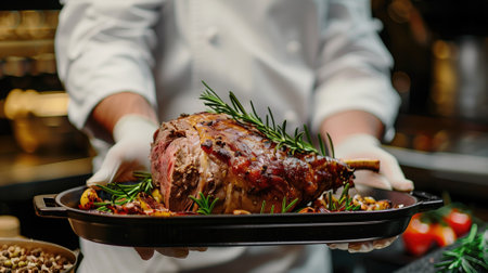 A chef in white attire holds a perfectly roasted leg of lamb garnished with rosemaryの素材