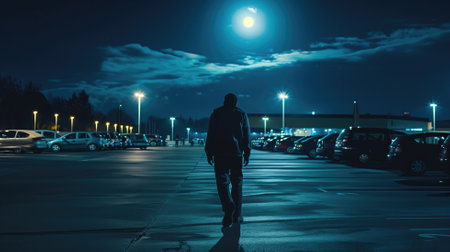 Solitary figure walking under moonlight in an empty parking lotの素材