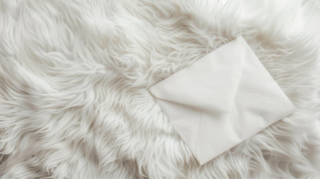 An elegant white envelope rests on a fluffy, textured fur background, suggesting warmth and softnessの素材