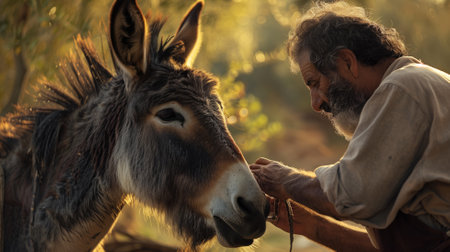 A heartfelt moment as an elderly man gently interacts with his donkey at sunsetの素材