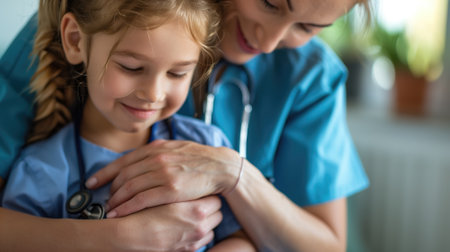 Nurse embracing a young aspiring doctor with tendernessの素材