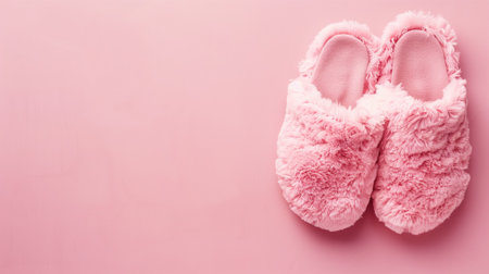 Fluffy pink slippers on a soft background, embodying warmth and comfort at homeの素材