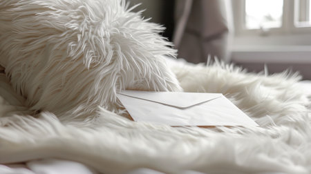 Envelope resting on a soft fluffy white textureの素材