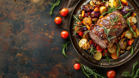 Succulent roasted beef surrounded by colorful vegetables, showcasing a hearty and well-balanced meal on a rustic backgroundの素材