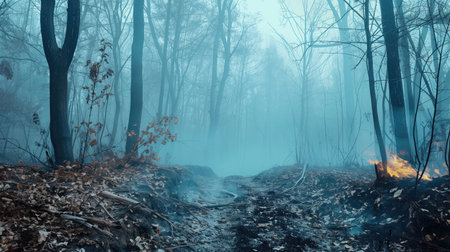 Misty forest with fire remains, haunting and mystical atmosphereの素材