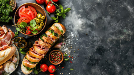 A Mediterranean-inspired sandwich on a dark rustic background with fresh ingredientsの素材