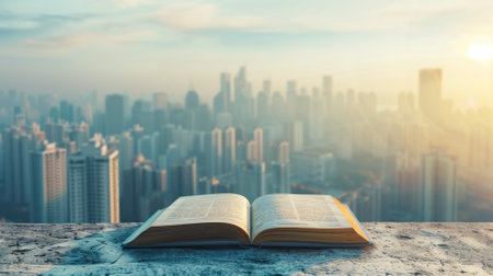 An open book rests against a blurred urban skyline, symbolizing knowledge and urban lifeの素材