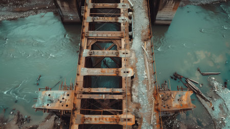 Overhead shot capturing the intricate framework of an industrial bridge construction over a flowing riverの素材