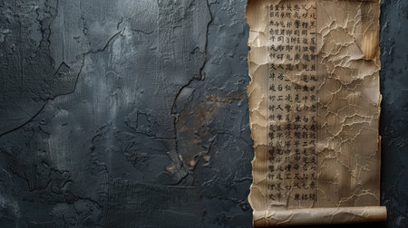 Worn parchment with Asian calligraphy partially unfurled against a textured dark stone backgroundの素材
