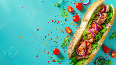 Colorful deli sandwich on a vibrant teal background with scattered ingredientsの素材