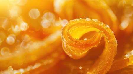 Macro shot of a dew-covered orange rose with a blurred golden backgroundの素材