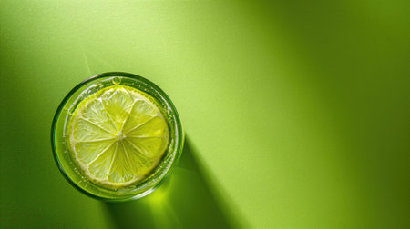 Top view of lime slice floating in sparkling water on green backgroundの素材