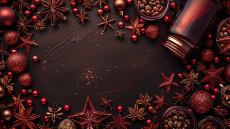 Holiday spices and ornaments arranged as a festive frameの素材