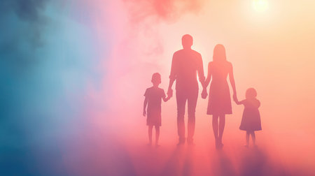 Family holding hands against a sunset, creating silhouettes in a dreamy atmosphereの素材