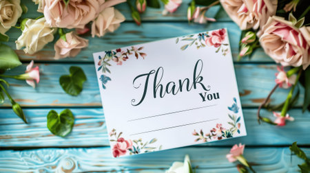 A 'Thank You' card surrounded by roses on a blue wooden surface.の素材