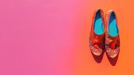 A pair of traditional red embroidered shoes against a bright pink and orange background.の素材