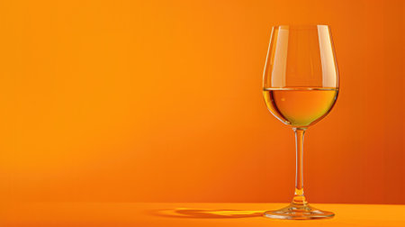 A glass of white wine against an orange background with a reflection on glossy surface.の素材