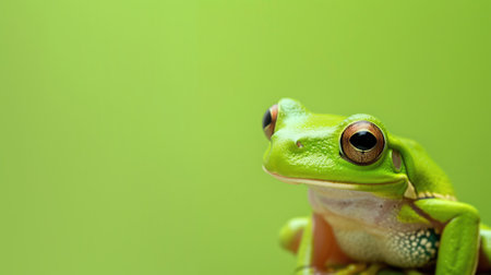 Green frog with large eyes on a plain green background, looking to the sideの素材