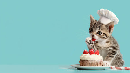 Cute kitten with chef's hat licking strawberry on top of small cake against blue backgroundの素材